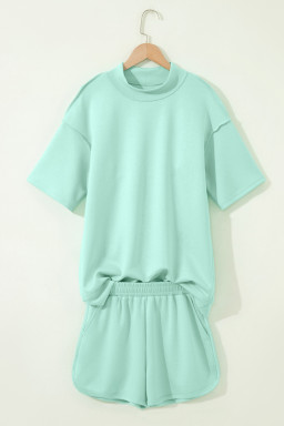 Moonlight Jade Solid Color Exposed Seam Mock Neck Oversize Tee Casual Shorts 2pcs Outfit