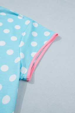 Sky Blue Polka Dot Print Color Block Trim Plus Size 2pcs Short Set