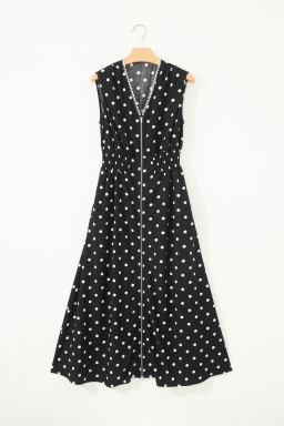 Black Polka Dot Print Contrast Trim V Neck Zip Up Sleeveless Dress