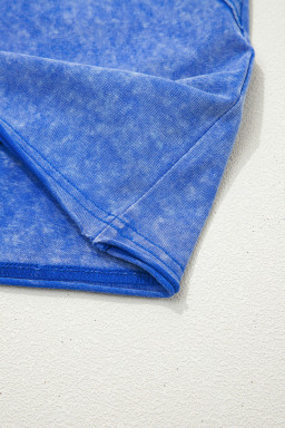 Sky Blue Mineral Wash Raw Seam Lace Sleeve Cotton Tee
