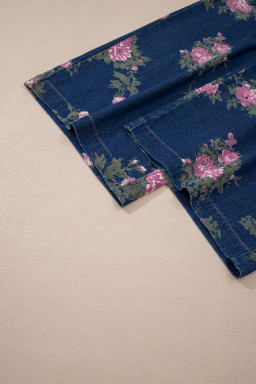 Blue Beau Floral Print Pleated High Waist Wide Leg Denim Jumpsuit