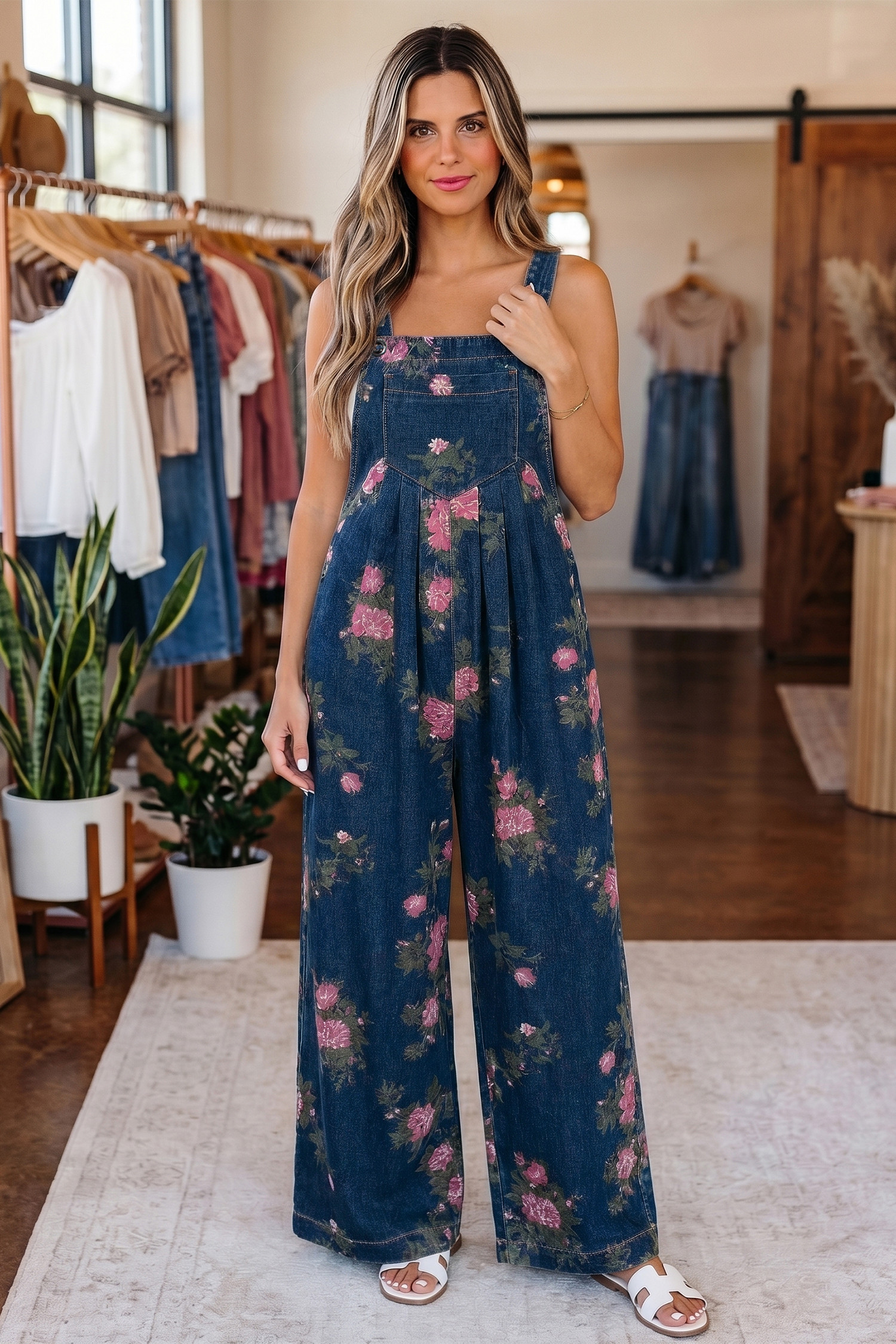 Blue Beau Floral Print Pleated High Waist Wide Leg Denim Jumpsuit