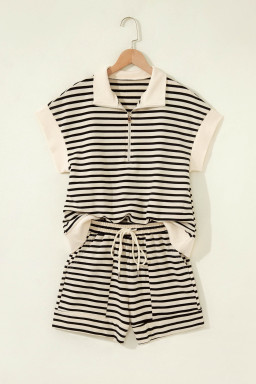 Black Stripe Ribbed Color Block Trim Zip Polo Tee Drawstring Shorts 2pcs Outfit