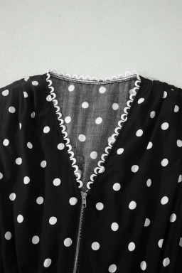 Black Polka Dot Print Contrast Trim V Neck Zip Up Sleeveless Dress