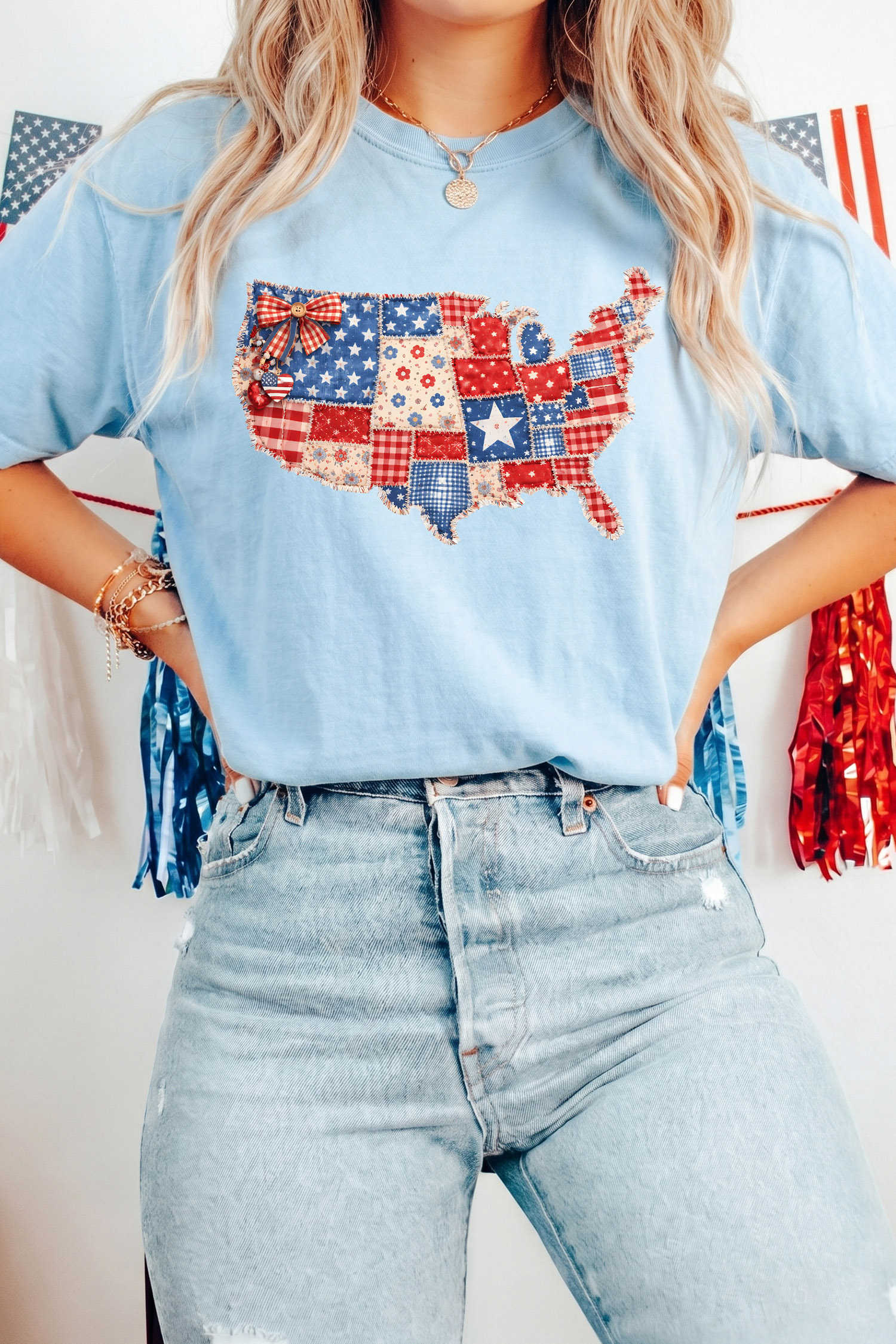 Light Blue Faux Patchwork Print American Patriotic Graphic Tee