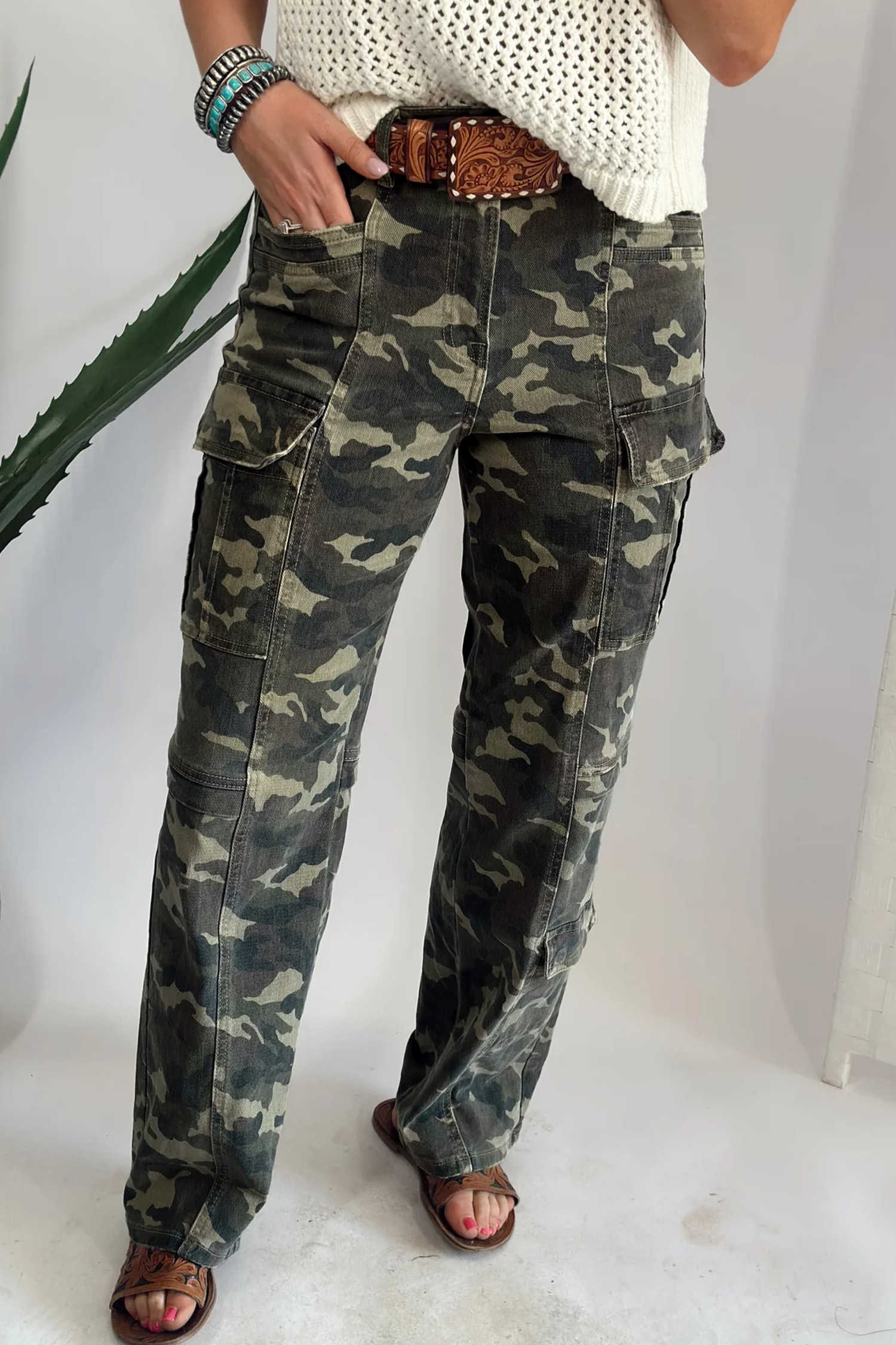 Green Camouflage Print Multi Pocketed Womens Denim Pants