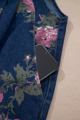 Blue Beau Floral Print Pleated High Waist Wide Leg Denim Jumpsuit