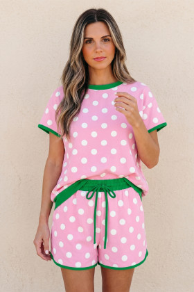 Pink Polka Dot Contrast Edge Casual Short Set