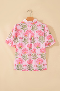 Pink Sweet Blooms Ruffle Striped Trim Puff Sleeve Shirt