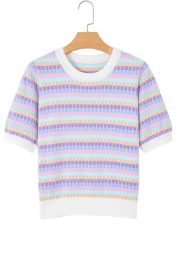 Purple Abstract Striped Knit Short Sleeve Sweater