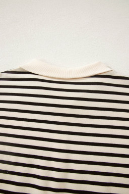 Black Stripe Ribbed Color Block Trim Zip Polo Tee Drawstring Shorts 2pcs Outfit