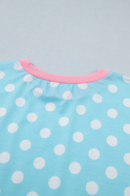 Sky Blue Polka Dot Print Color Block Trim Plus Size 2pcs Short Set