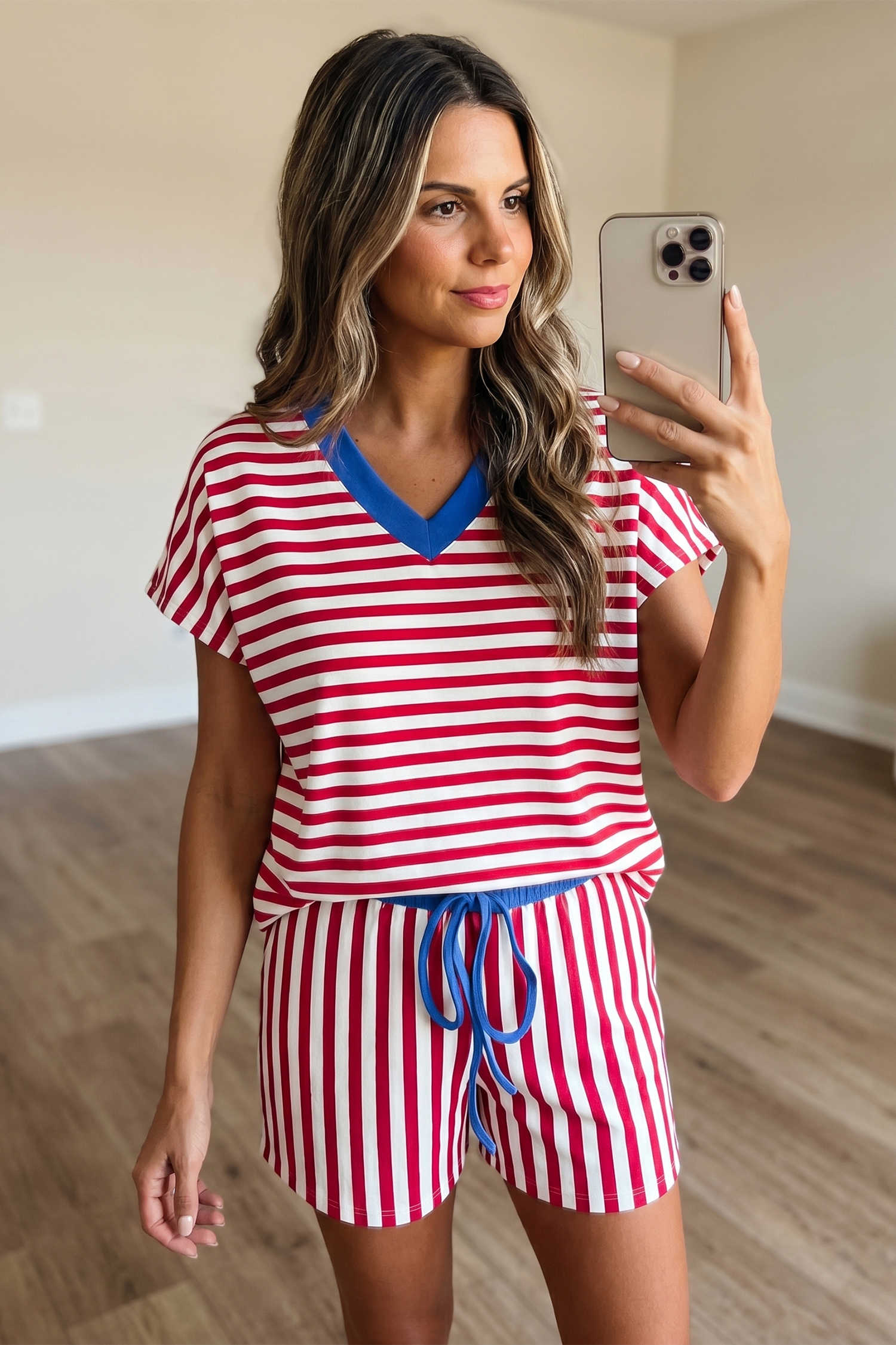 Red Stripe Colorblock Trim V Neck Tee Drawstring Elastic Waist Short Set