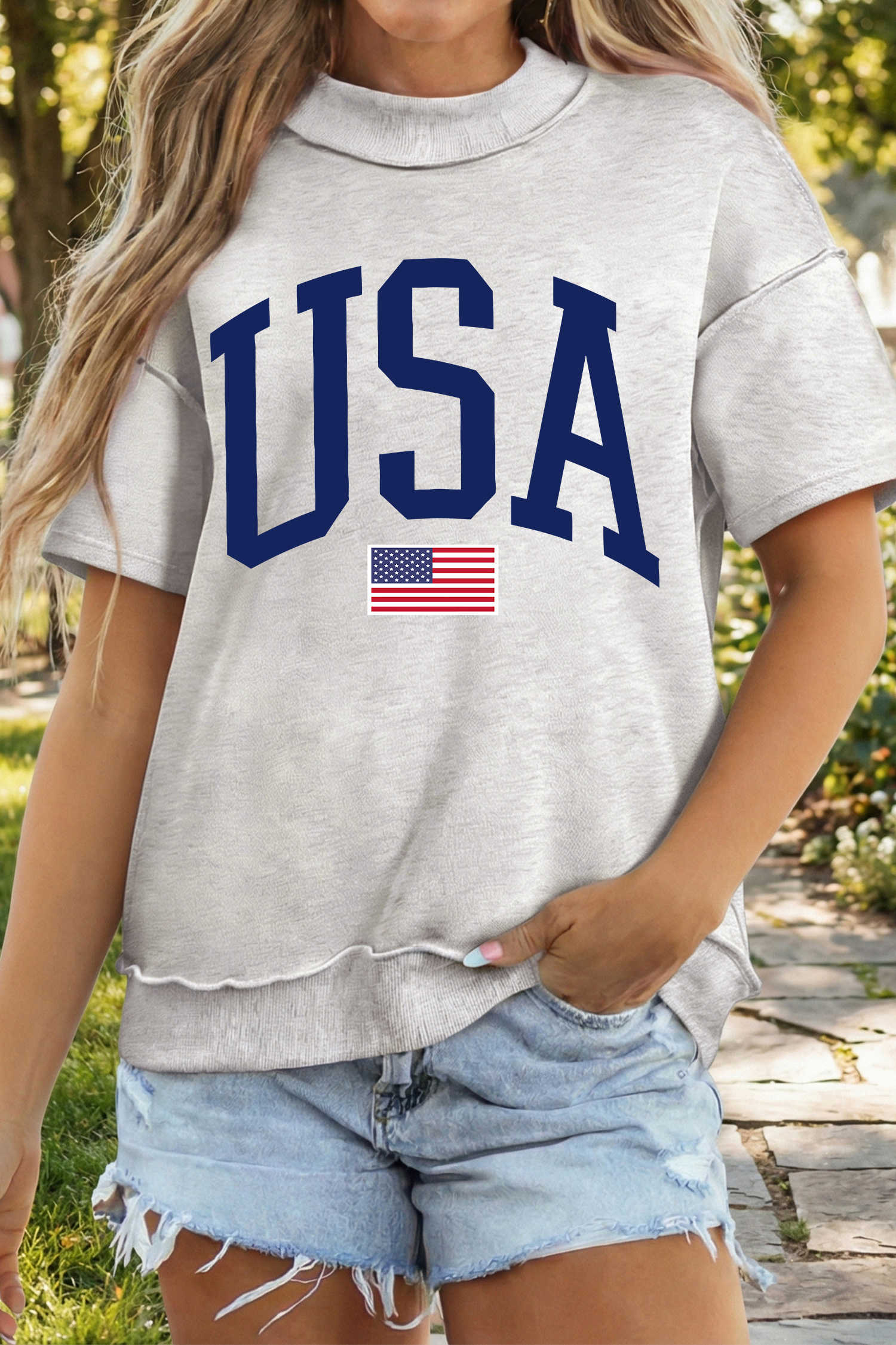 Light Grey USA Flag Exposed Seam Mock Neck Tee