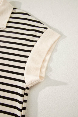 Black Stripe Ribbed Color Block Trim Zip Polo Tee Drawstring Shorts 2pcs Outfit