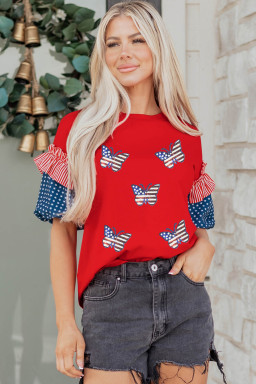 Fiery Red Patriotic Sequin Butterfly Contrast Short Sleeve Top