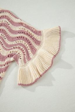 Beige Stripe Wavy Crochet Eyelet Detail Ruffle Half Sleeve Sweater