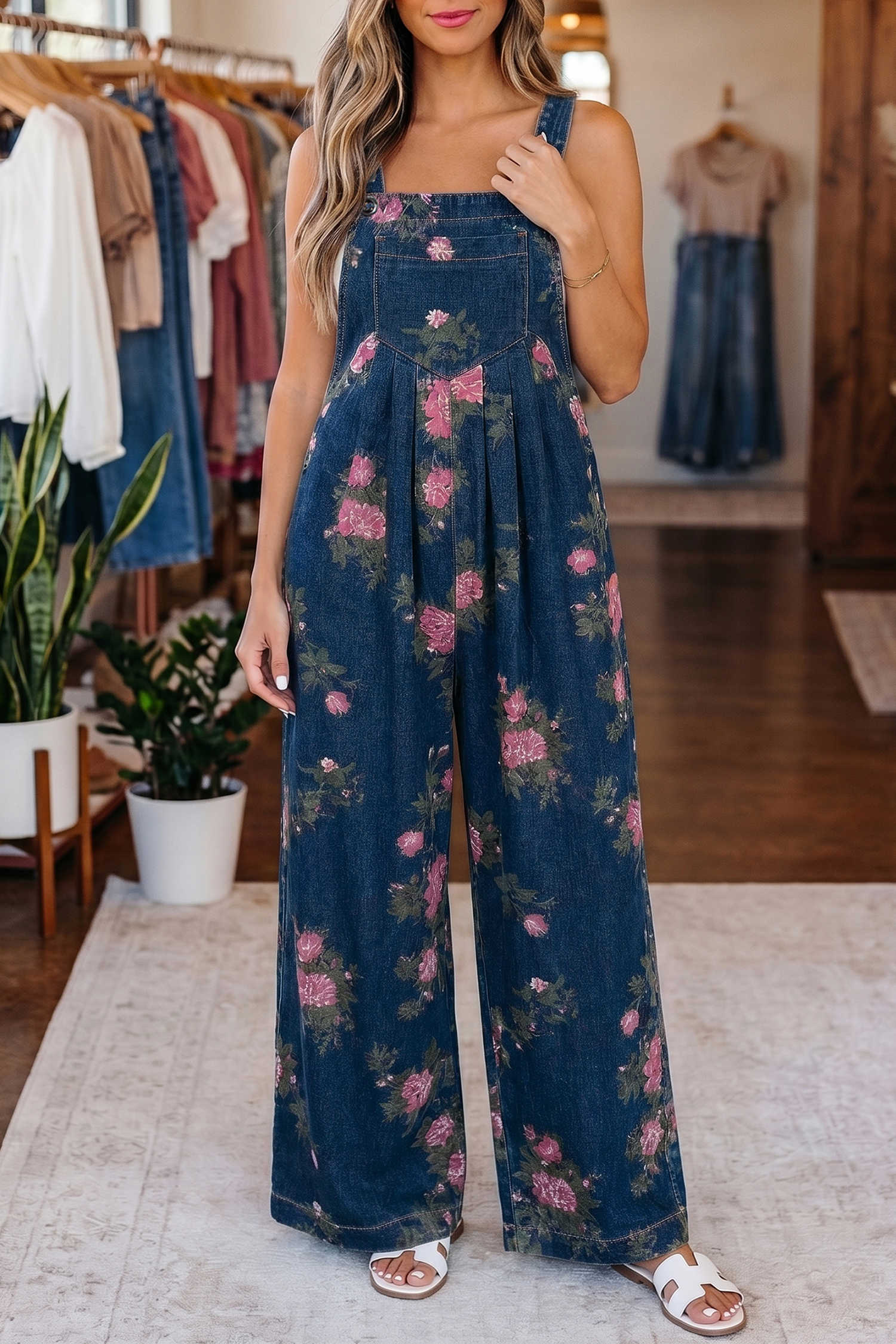 Blue Beau Floral Print Pleated High Waist Wide Leg Denim Jumpsuit