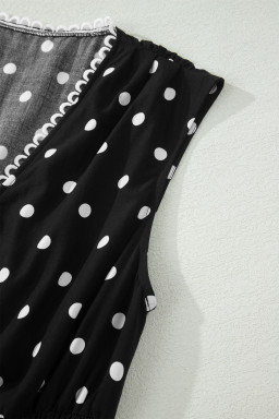 Black Polka Dot Print Contrast Trim V Neck Zip Up Sleeveless Dress