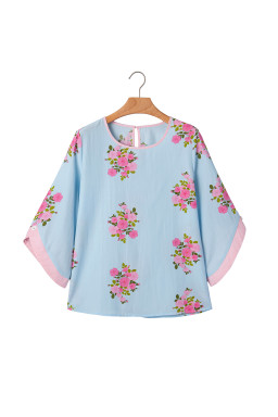 Sky Blue Floral Print Button Cuffed 3/4 Sleeve Round Neck Blouse