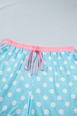 Sky Blue Polka Dot Print Color Block Trim Plus Size 2pcs Short Set