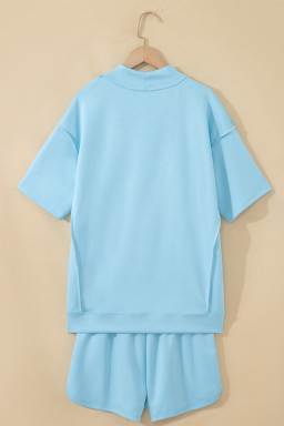Mist Blue Solid Color Exposed Seam Mock Neck Oversize Tee Casual Shorts 2pcs Outfit