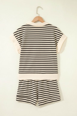Black Stripe Ribbed Color Block Trim Zip Polo Tee Drawstring Shorts 2pcs Outfit