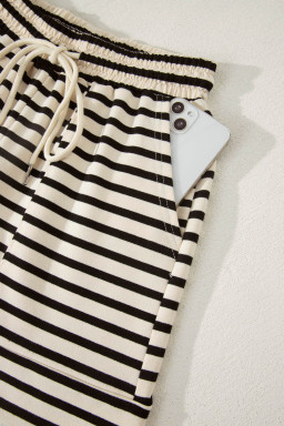 Black Stripe Ribbed Color Block Trim Zip Polo Tee Drawstring Shorts 2pcs Outfit