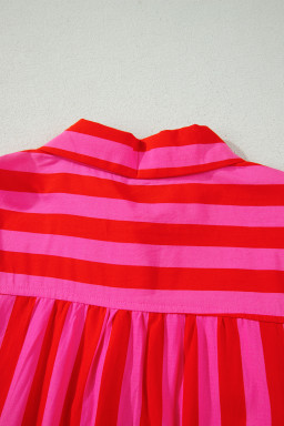 Red Stripe Tie Puff Sleeve Womens Button Down Shirt