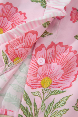 Pink Sweet Blooms Ruffle Striped Trim Puff Sleeve Shirt