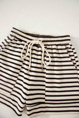 Black Stripe Ribbed Color Block Trim Zip Polo Tee Drawstring Shorts 2pcs Outfit
