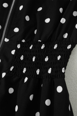 Black Polka Dot Print Contrast Trim V Neck Zip Up Sleeveless Dress