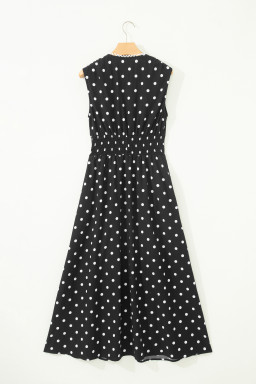 Black Polka Dot Print Contrast Trim V Neck Zip Up Sleeveless Dress