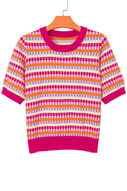 Rose Red Abstract Striped Knit Short Sleeve Sweater