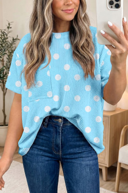 Sky Blue Polka Dot Round Neck Drop Shoulder Patch Pocket Jacquard Texture Top