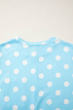 Sky Blue Polka Dot Round Neck Drop Shoulder Patch Pocket Jacquard Texture Top