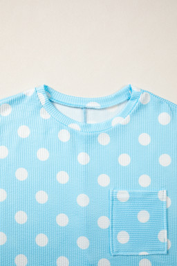 Sky Blue Polka Dot Round Neck Drop Shoulder Patch Pocket Jacquard Texture Top