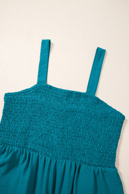 Peacock Blue Smocked Square Neck Sleeveless Jumpsuit with Pockets