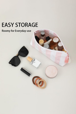 Light Pink Striped Vinyl Waterproof Tassel Zipper Makeup Bag