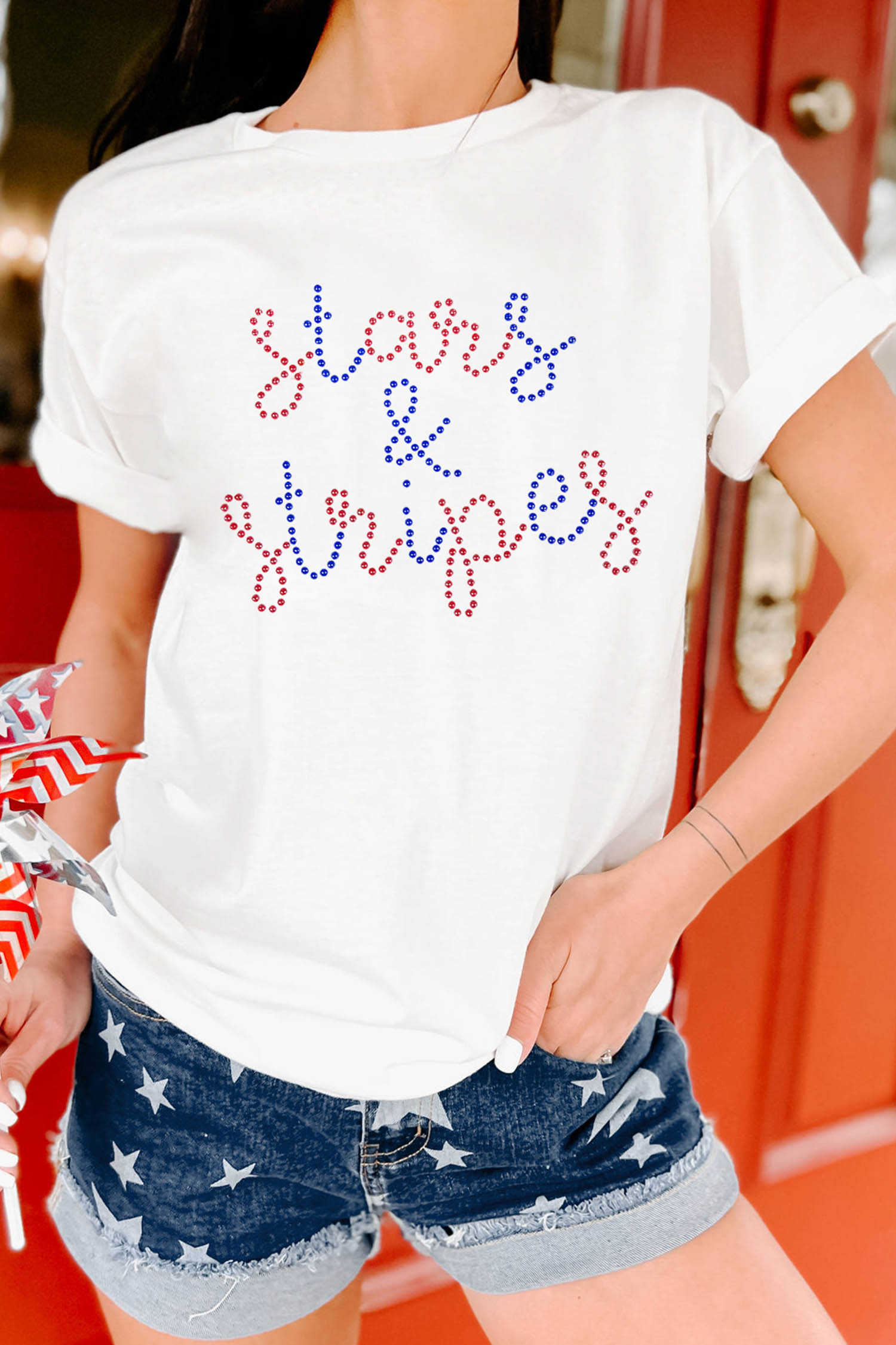 White Rhinestone Stars & Stripes Patriotic Slogan T Shirt