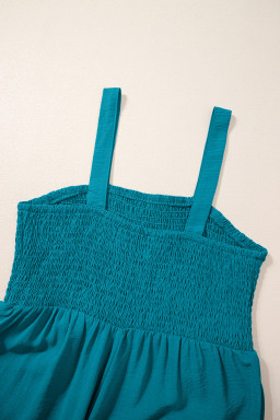 Peacock Blue Smocked Square Neck Sleeveless Jumpsuit with Pockets