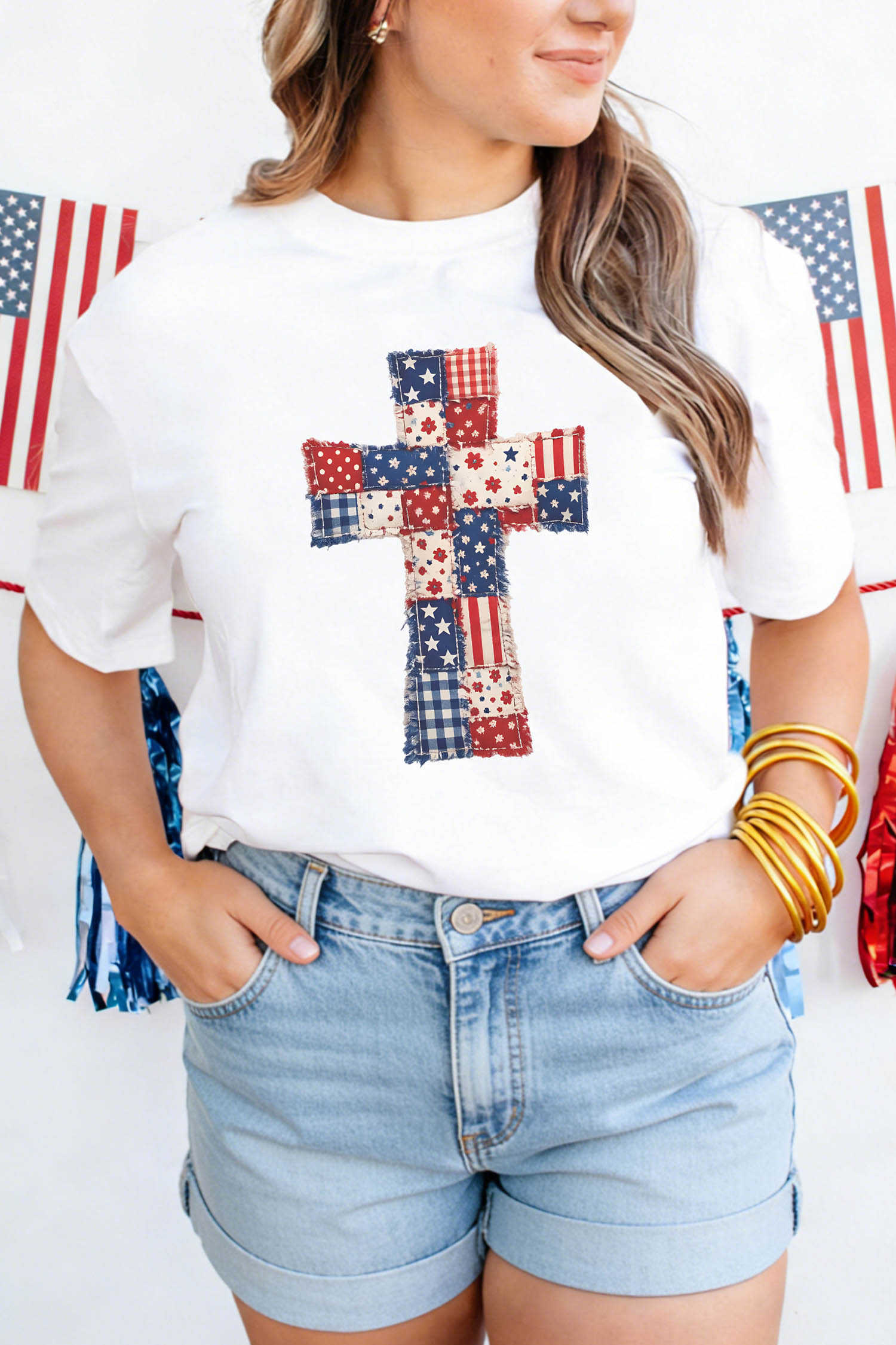 White Faux Patchwork Print Patriotic Cross Tee