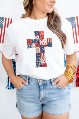 White Faux Patchwork Print Patriotic Cross Tee