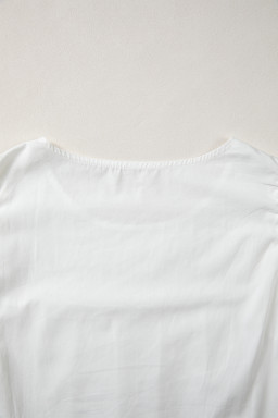 White Lace Detail Flutter Sleeve Pleated Round Neck Blouse