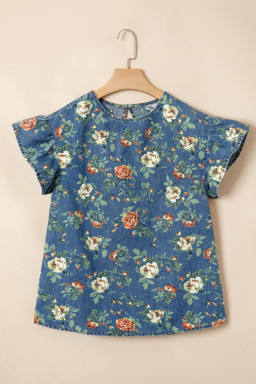 Ashleigh Blue Ruffled Short Sleeve Floral Denim Top