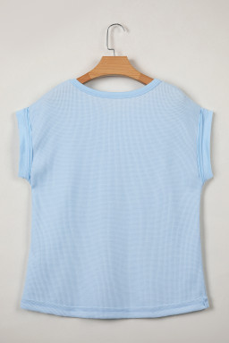 Light Blue Solid Color Raw Seam Waffled Patchwork Casual T Shirt