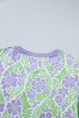 Purple Floral Print Ruffled Color Block Trim Half Sleeve Blouse