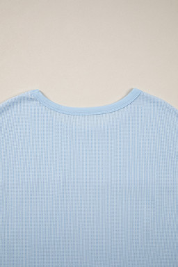 Light Blue Solid Color Raw Seam Waffled Patchwork Casual T Shirt