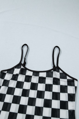 Black Sheer Checkered Print Spaghetti Straps Slim Tank Top