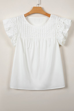White Lace Detail Flutter Sleeve Pleated Round Neck Blouse